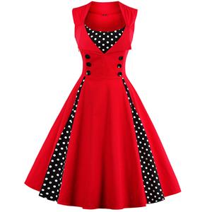 Vintage Rockabilly Polka Dot Print Sleeveless Casual Cocktail Party Dress N12145