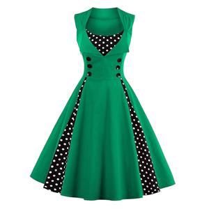 Vintage Rockabilly Polka Dot Print Sleeveless Casual Cocktail Party Dress N12347