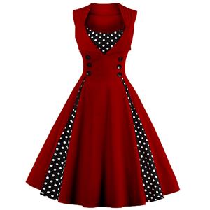 Vintage Rockabilly Polka Dot Print Sleeveless Casual Cocktail Party Dress N12348