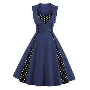 Vintage Rockabilly Polka Dot Print Sleeveless Casual Cocktail Party Dress N12349