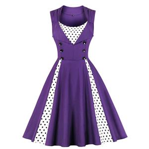 Vintage Purple Rockabilly Polka Dots Print Sleeveless Casual Cocktail Big Swing Dress N20617