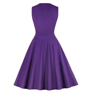 Vintage Purple Rockabilly Polka Dots Print Sleeveless Casual Cocktail Big Swing Dress N20617