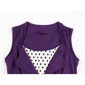 Vintage Purple Rockabilly Polka Dots Print Sleeveless Casual Cocktail Big Swing Dress N20617