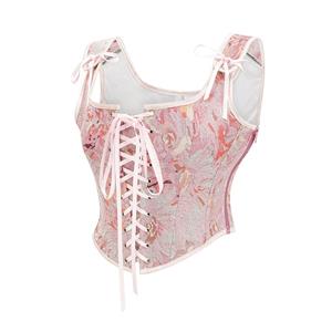 Women's Pink Floral Jacquard Corset Top Square Neck Front Lace-Up Shoulder Ties N23966