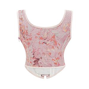 Women's Pink Floral Jacquard Corset Top Square Neck Front Lace-Up Shoulder Ties N23966
