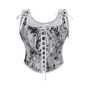 Women's Grey Corset, Floral Jacquard Bustier, Square Neck Top, Front Lace Up, Shoulder Ties, Monochrome Floral, Vintage Inspired, Structured Boning, Romantic Style, High Waist Match, Chic Outfit, Women's Fashion, Waist Cincher, Statement Top, Evening Wear #N23967