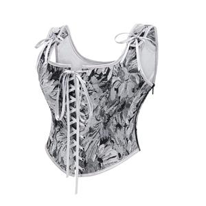 Women's Grey Floral Jacquard Corset Top Square Neck Front Lace-Up Shoulder Ties N23967