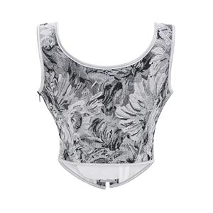 Women's Grey Floral Jacquard Corset Top Square Neck Front Lace-Up Shoulder Ties N23967