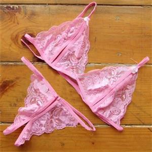 Charming Pink Floral Lace Lingerie Hollow Out Bra Panty Set N17622
