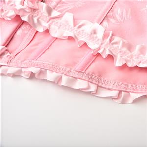 Victorian Gothic Pink Brocade Plastic Boned Ruffle Waist Cincher Body Shaper Overbust Corset N22410