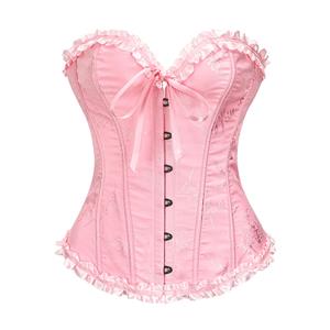 Victorian Gothic Pink Brocade Plastic Boned Ruffle Waist Cincher Body Shaper Overbust Corset N22410