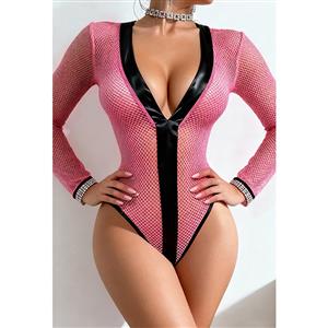 Pink Mesh Bodysuit with Black Leather Trim - Long Sleeve Jumpsuit for Women, V-Neck Cutout Design N23817