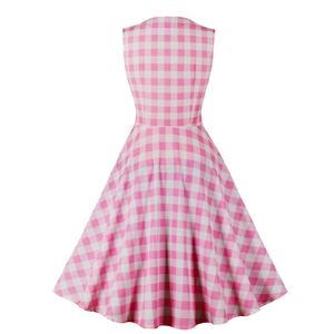 Women's Pink Vintage Tartan Plaid Patchwork Sleeveless Casual Cocktail Dress N23395