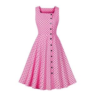 Women's Pink Black Polka Dot Dress Square Neck Single Breasted Sleeveless Vest Dress N23428