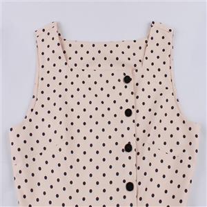Women's Apricot Black Polka Dot Dress Square Neck Single Breasted Sleeveless Vest Dress N23429