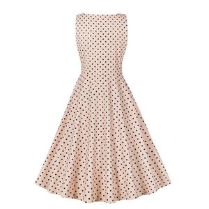 Women's Apricot Black Polka Dot Dress Square Neck Single Breasted Sleeveless Vest Dress N23429