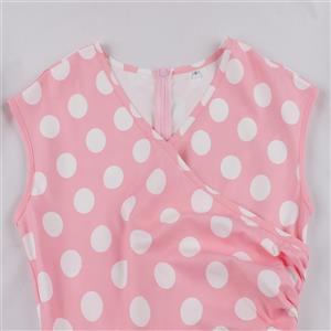 Retro Full Skirt Mid-Length Skirt Women's Hepburn Style French Pink Polka Dot Dress N2342
