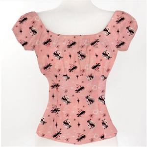 Women Pink Vintage Black Cat Print Peasant Top N14778