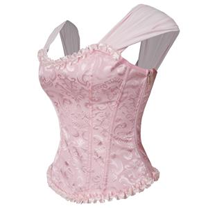 Pink Vintage Dance Corset Top with Ruffle Sleeves and Cross-Back Lacing - Retro Bustier for Performance N237864