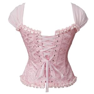 Pink Vintage Dance Corset Top with Ruffle Sleeves and Cross-Back Lacing - Retro Bustier for Performance N237864