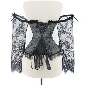 Victorian Gothic Plastic Boned Floral Lace Overbust Corset with Organza High Low Skirt Sets N21840