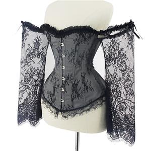 Victorian Gothic Plastic Boned Floral Lace Overbust Corset with Organza High Low Skirt Sets N21840