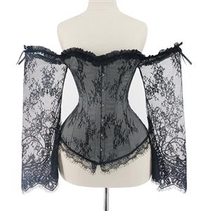 Victorian Gothic Plastic Boned Floral Lace Overbust Corset with Organza High Low Skirt Sets N21840