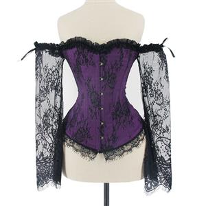 Victorian Gothic Plastic Boned Floral Lace Overbust Corset with Organza High Low Skirt Sets N21841