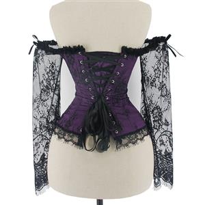 Victorian Gothic Plastic Boned Floral Lace Overbust Corset with Organza High Low Skirt Sets N21841