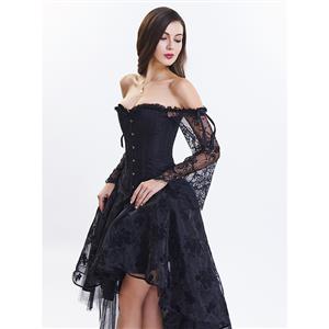 Women's Fashion Plastic Boned Black Overbust Long Floral Lace Sleeve Corset Organza Skirt Set N14476