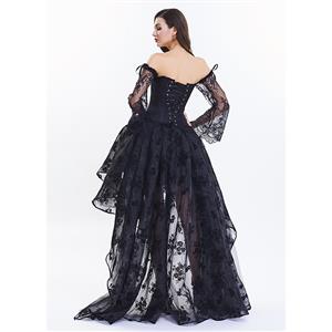 Women's Fashion Plastic Boned Black Overbust Long Floral Lace Sleeve Corset Organza Skirt Set N14476