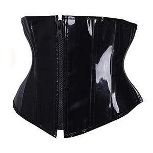 Fashion Black Glossy PU Plastic Boned Underbust Corset Zipper Closure Waist Cincher N20801