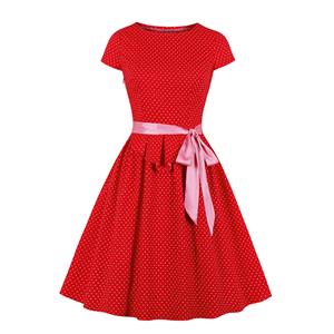 Lovely Red Pleated Waist Polka Dots Crew Neck Short Sleeve Tea Party Swing Dress N20123