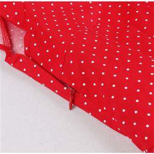 Lovely Red Pleated Waist Polka Dots Crew Neck Short Sleeve Tea Party Swing Dress N20123