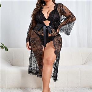 Plus Size Charming See-through Lace Mesh Thin Open Robe Nightgown Set N22813