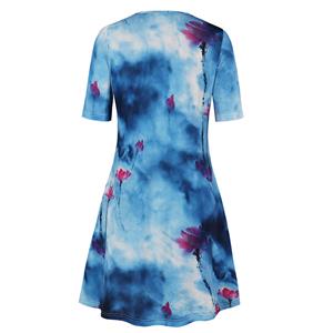 China Chic Ink and Wash Painting Lotus Round Neck Half Sleeve Knee-length Day Dress N19209