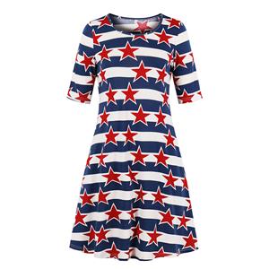 Casual Star and Stripe Printed Round Neck Half Sleeve Knee-length Day Dress N19211