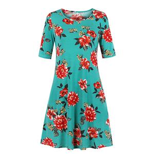 Fashion Red Flower Printed Round Neck Half Sleeve Knee-length Day Dress N19212