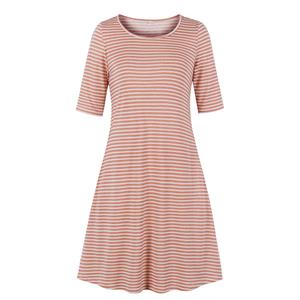 Casual Pink and White Wavy Pinstripe Round Neck Half Sleeve Knee-length Day Dress N19215