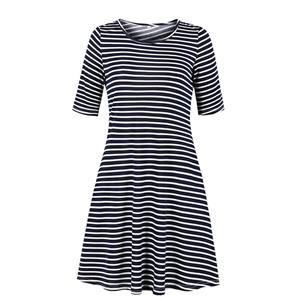 Casual Dark Blue and White Wavy Pinstripe Round Neck Half Sleeve Knee-length Day Dress N19216