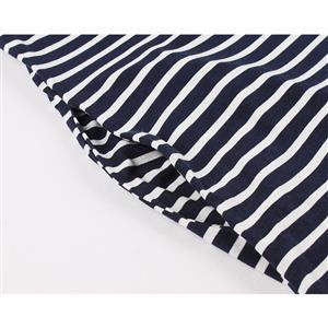 Casual Dark Blue and White Wavy Pinstripe Round Neck Half Sleeve Knee-length Day Dress N19216