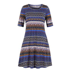 Stylish Ethnic Boho Floral Pattern Round Neck Half Sleeve Knee-length Day Dress N19219