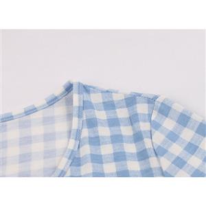 Casual Light-blue Check Pattern Round Neck Half Sleeve Knee-length Summer Day Dress N19222