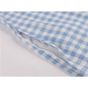 Casual Light-blue Check Pattern Round Neck Half Sleeve Knee-length Summer Day Dress N19222