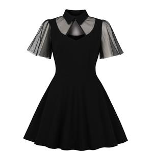 Plus Size Sexy Gothic Sheer Mesh Lapel Cut-out Ruffle Sleeve High Waist Swing Dress N19419