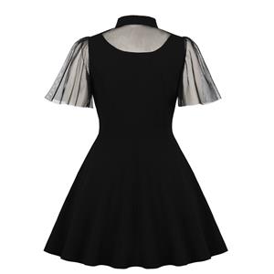 Plus Size Sexy Gothic Sheer Mesh Lapel Cut-out Ruffle Sleeve High Waist Swing Dress N19419