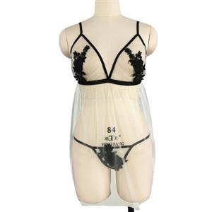 Plus Size Sexy See-through Mesh and Lace Spaghetti Straps Flirty Babydoll Nightwear Chemise N21939