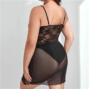 Plus Size Sexy Sheer Lace and Mesh Mini Dress Spaghetti Straps Nightwear Babydoll Chemise N22168