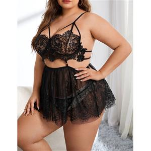 Plus Size Sexy See-through Lace and Mesh Strappy Top and Mini Dress Babydoll Chemise N22214