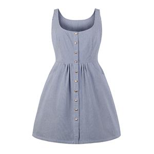 Plus Size Simple Light Blue Scoop Neck Sleeveless Pinstripe Summer Swing Dress N19417